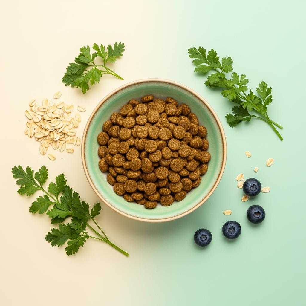 Gepersonaliseerde GenoBite hondenvoeding in een mintgroene kom met verse natuurlijke ingrediënten